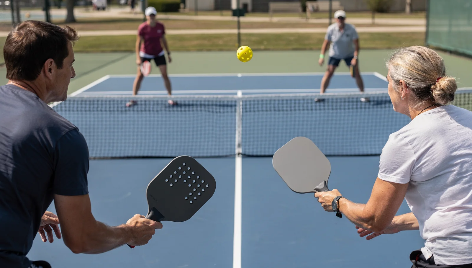 Foto di una partita di pickleball in doppio: quattro giocatori sulla linea di non-volée (kitchen) colpiscono una pallina forata con paddle pieni su un campo all'aperto