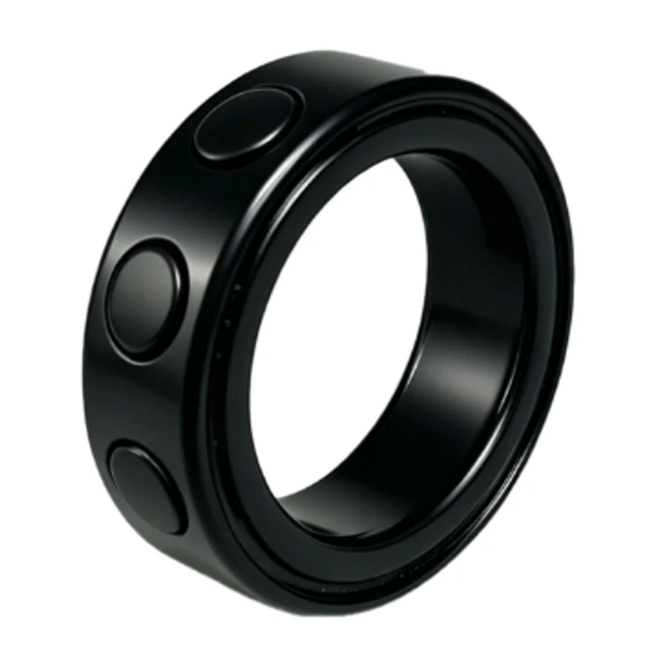 ScoreTap Ring, a matte black wearable Bluetooth ring with three flush touch-sensor pads around the band, product photo